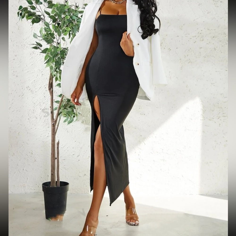 Black long split thigh bodycon dress